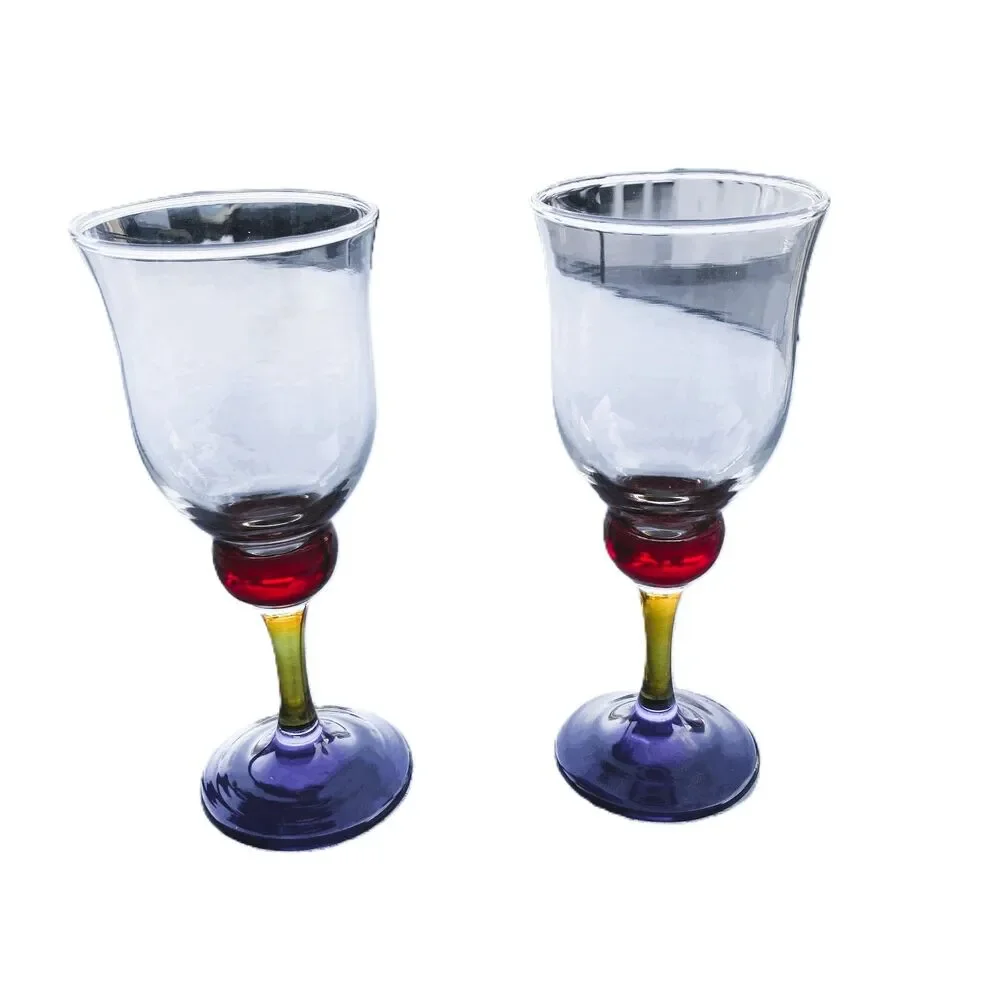 Vintage Water Goblet By BROQUE Clear Bowl, Blue & Yellow Stem, Red Base ENGLAND